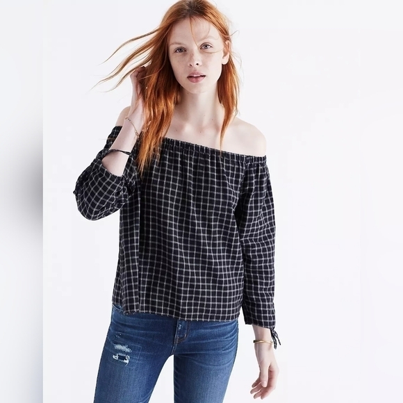 MADEWELL Plaid Off the Shoulder Top Black Size Large - Picture 1 of 14